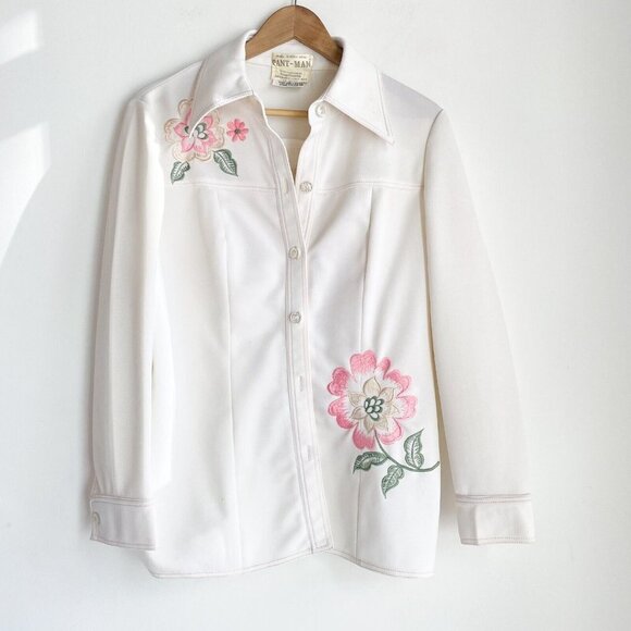 Vintage 70s Pant Man White Polyester Pink Floral Shirt w Dagger Collar M/L - Picture 1 of 9